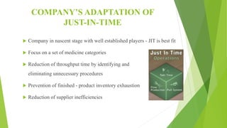 COMPANY’S ADAPTATION OF
JUST-IN-TIME
 Company in nascent stage with well established players - JIT is best fit
 Focus on a set of medicine categories
 Reduction of throughput time by identifying and
eliminating unnecessary procedures
 Prevention of finished - product inventory exhaustion
 Reduction of supplier inefficiencies
 