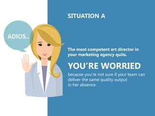 YOU’RE WORRIED
because you’re not sure if your team can
deliver the same quality output
in her absence.
The most competent art director in
your marketing agency quits.
ADIOS..
SITUATION A
 