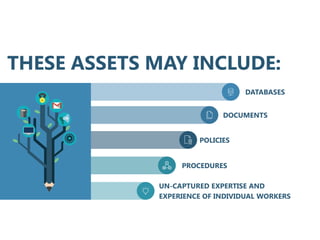 DATABASES
DOCUMENTS
POLICIES
PROCEDURES
UN-CAPTURED EXPERTISE AND
EXPERIENCE OF INDIVIDUAL WORKERS
THESE ASSETS MAY INCLUDE:
 