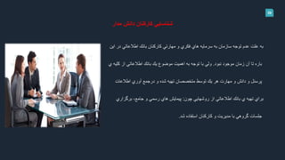 39
‫مدار‬ ‫دانش‬ ‫كاركنان‬ ‫شناسايي‬
‫اين‬ ‫در‬ ‫اطالعاتي‬ ‫بانك‬ ‫كاركنان‬ ‫مهارتي‬ ‫و‬ ‫فكري‬ ‫هاي‬ ‫سرمايه‬ ‫به‬ ‫سازمان‬ ‫توجه‬ ‫عدم‬ ‫علت‬ ‫به‬
‫نبود‬ ‫موجود‬ ‫زمان‬ ‫آن‬ ‫تا‬ ‫باره‬.‫ي‬ ‫كليه‬ ‫از‬ ‫اطالعاتي‬ ‫بانك‬ ‫يك‬ ‫موضوع‬ ‫اهميت‬ ‫به‬ ‫توجه‬ ‫با‬ ‫ولي‬
‫اطالعات‬ ‫آوري‬ ‫درجمع‬ ‫و‬ ‫شده‬ ‫تهيه‬ ‫متخصصان‬ ‫توسط‬ ‫يك‬ ‫هر‬ ‫مهارت‬ ‫و‬ ‫دانش‬ ‫و‬ ‫پرسنل‬
‫چون‬ ‫روشهايي‬ ‫از‬ ‫اطالعاتي‬ ‫بانك‬ ‫ي‬ ‫تهيه‬ ‫براي‬:‫برگزاري‬ ،‫جامع‬ ‫و‬ ‫رسمي‬ ‫هاي‬ ‫پيمايش‬
‫شد‬ ‫استفاده‬ ‫كاركنان‬ ‫و‬ ‫مديريت‬ ‫با‬ ‫گروهي‬ ‫جلسات‬.
 