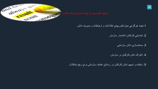 42
‫دانش‬ ‫مديريت‬ ‫سازي‬ ‫پياده‬ ‫از‬ ‫پس‬ ‫حاصل‬ ‫نتايج‬:
1.‫دانش‬ ‫مديريت‬ ‫و‬ ‫ارتباطات‬ ‫و‬ ‫اطالعات‬ ‫فناوريهاي‬ ‫ميان‬ ‫گرايي‬ ‫هم‬ ‫ايجاد‬.
2.‫سازمان‬ ‫دانشمدار‬ ‫كاركنان‬ ‫شناسايي‬.
3.‫سازماني‬ ‫دانش‬ ‫مستندسازي‬.
4.‫سازمان‬ ‫در‬ ‫كاركنان‬ ‫دانش‬ ‫اشتراك‬.
5.‫رفع‬ ‫براي‬ ‫سازماني‬ ‫اهداف‬ ‫راستاي‬ ‫در‬ ‫كاركنان‬ ‫دانش‬ ‫تسهيم‬ ‫و‬ ‫استفاده‬‫مشكالت‬.
 