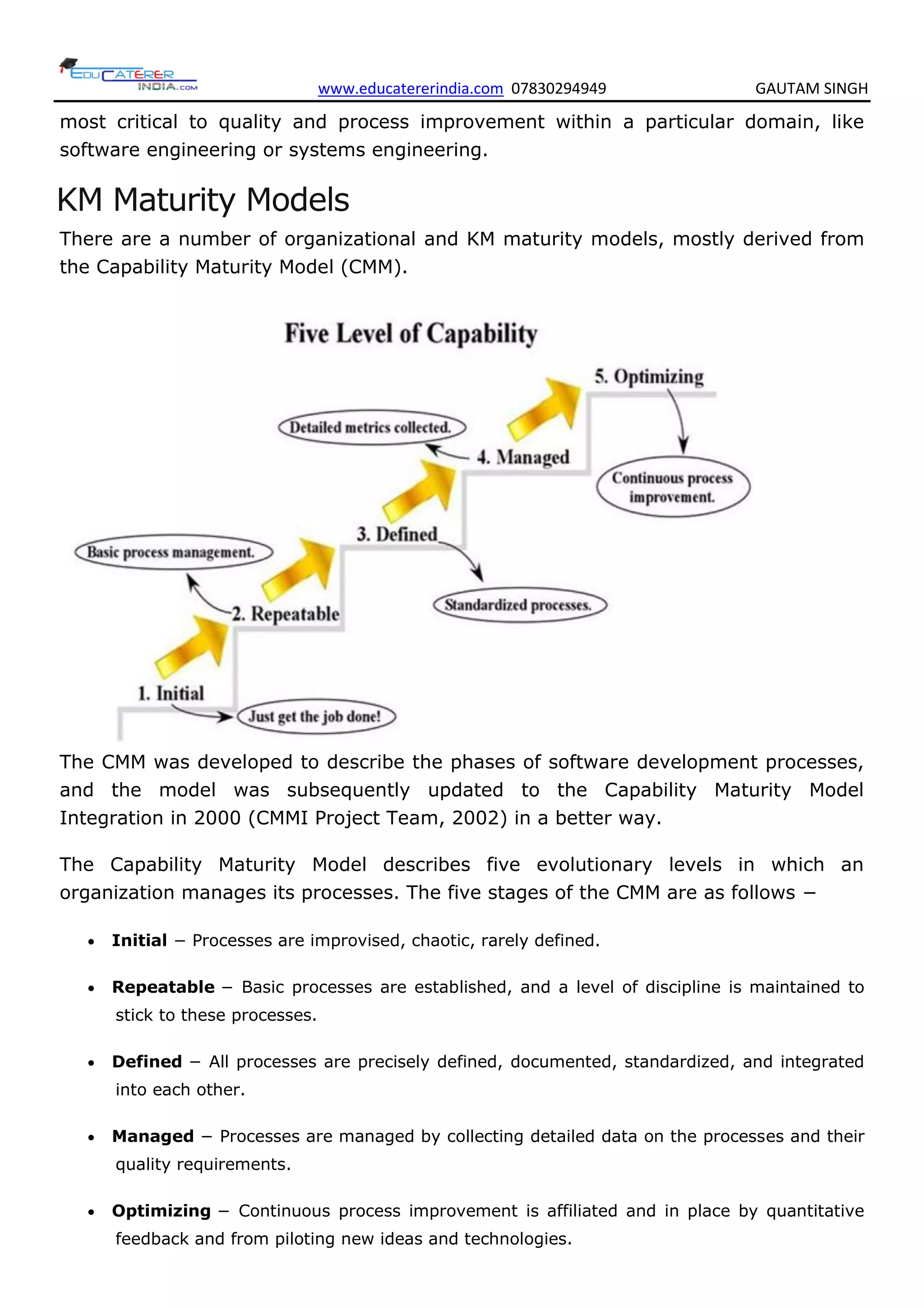 www.educatererindia.com 07830294949 GAUTAM SINGH
most critical to quality and process improvement within a particular domain, like
software engineering or systems engineering.
KM Maturity Models
There are a number of organizational and KM maturity models, mostly derived from
the Capability Maturity Model (CMM).
The CMM was developed to describe the phases of software development processes,
and the model was subsequently updated to the Capability Maturity Model
Integration in 2000 (CMMI Project Team, 2002) in a better way.
The Capability Maturity Model describes five evolutionary levels in which an
organization manages its processes. The five stages of the CMM are as follows −
 Initial − Processes are improvised, chaotic, rarely defined.
 Repeatable − Basic processes are established, and a level of discipline is maintained to
stick to these processes.
 Defined − All processes are precisely defined, documented, standardized, and integrated
into each other.
 Managed − Processes are managed by collecting detailed data on the processes and their
quality requirements.
 Optimizing − Continuous process improvement is affiliated and in place by quantitative
feedback and from piloting new ideas and technologies.
 