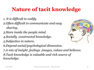 Nature of tacit knowledge
1. It is difficult to codify.
2.Often difficult to communicate and easy
sharing.
3.Store inside the people mind.
4.Socially constructed knowledge.
5.Subjective in nature.
6.Depend social/psychological dimension.
7.A mix of insight ,feelings ,images, values and believes.
8.Tacit knowledge is valuable and rich source of
knowledge.
8/17/2017 Tezpur University Assam Anjali Sharma 14
 