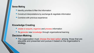 Sense Making
 Identify priorities & filter the information
 Construct interpretations by exchange & negotiate information
 Combine with previous experience
Knowledge Creating
 create or acquire, organize and process information
 To generate new knowledge through organizational learning
Decision-Making.
 The organization must choose the best option among those that are
plausible and presented and pursue it based on the organization’s
strategy.
 