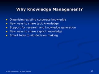 17
© 2004 Superfactory™. All Rights Reserved.
Why Knowledge Management?
 Organizing existing corporate knowledge
 New ways to share tacit knowledge
 Support for research and knowledge generation
 New ways to share explicit knowledge
 Smart tools to aid decision making
 