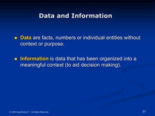 27
© 2004 Superfactory™. All Rights Reserved.
 Data are facts, numbers or individual entities without
context or purpose.
 Information is data that has been organized into a
meaningful context (to aid decision making).
Data and Information
 
