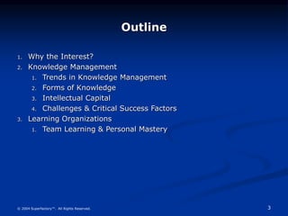 3
© 2004 Superfactory™. All Rights Reserved.
Outline
1. Why the Interest?
2. Knowledge Management
1. Trends in Knowledge Management
2. Forms of Knowledge
3. Intellectual Capital
4. Challenges & Critical Success Factors
3. Learning Organizations
1. Team Learning & Personal Mastery
 