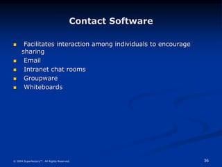 36
© 2004 Superfactory™. All Rights Reserved.
Contact Software
 Facilitates interaction among individuals to encourage
sharing
 Email
 Intranet chat rooms
 Groupware
 Whiteboards
 