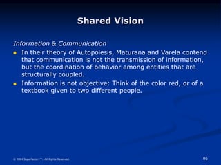 86
© 2004 Superfactory™. All Rights Reserved.
Shared Vision
Information & Communication
 In their theory of Autopoiesis, Maturana and Varela contend
that communication is not the transmission of information,
but the coordination of behavior among entities that are
structurally coupled.
 Information is not objective: Think of the color red, or of a
textbook given to two different people.
 