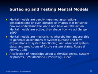 87
© 2004 Superfactory™. All Rights Reserved.
Surfacing and Testing Mental Models
 Mental models are deeply ingrained assumptions,
generalizations or even pictures or images that influence
how we understand the world and how we take action
Mental models are active, they shape how we act Senge,
1990
 Mental models are mechanisms whereby humans are able
to generate descriptions of system purpose and form,
explanations of system functioning, and observed system
state, and predictions of future system states. Rouse &
Morris, 1986
 A collection of knowledge about a physical device, system
or process. Schumacher & Czerwinsky, 1992
 