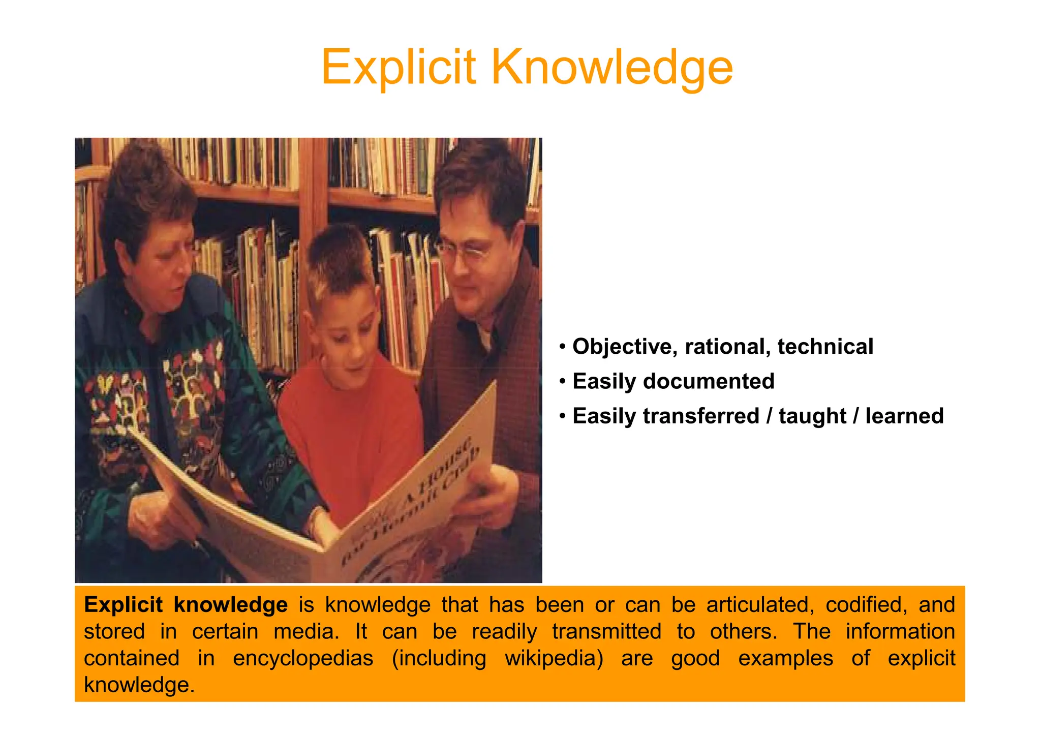 Explicit Knowledge
• Objective, rational, technical
• Easily documented
• Easily transferred / taught / learned
Explicit knowledge is knowledge that has been or can be articulated, codified, and
stored in certain media. It can be readily transmitted to others. The information
contained in encyclopedias (including wikipedia) are good examples of explicit
knowledge.
 