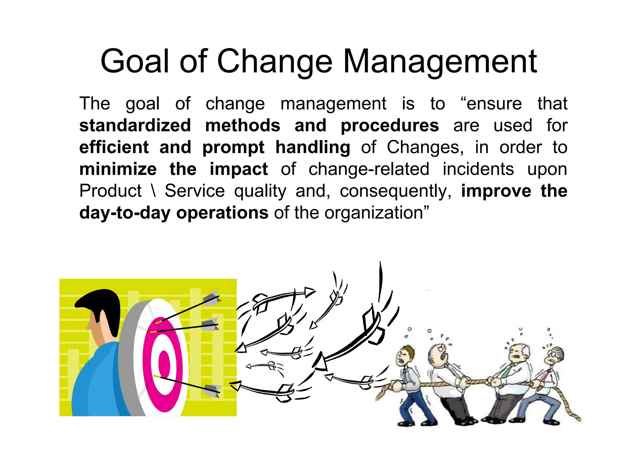 Goal of Change Management
The goal of change management is to “ensure that
standardized methods and procedures are used for
efficient and prompt handling of Changes, in order to
minimize the impact of change-related incidents upon
Product  Service quality and, consequently, improve the
day-to-day operations of the organization”
39
 