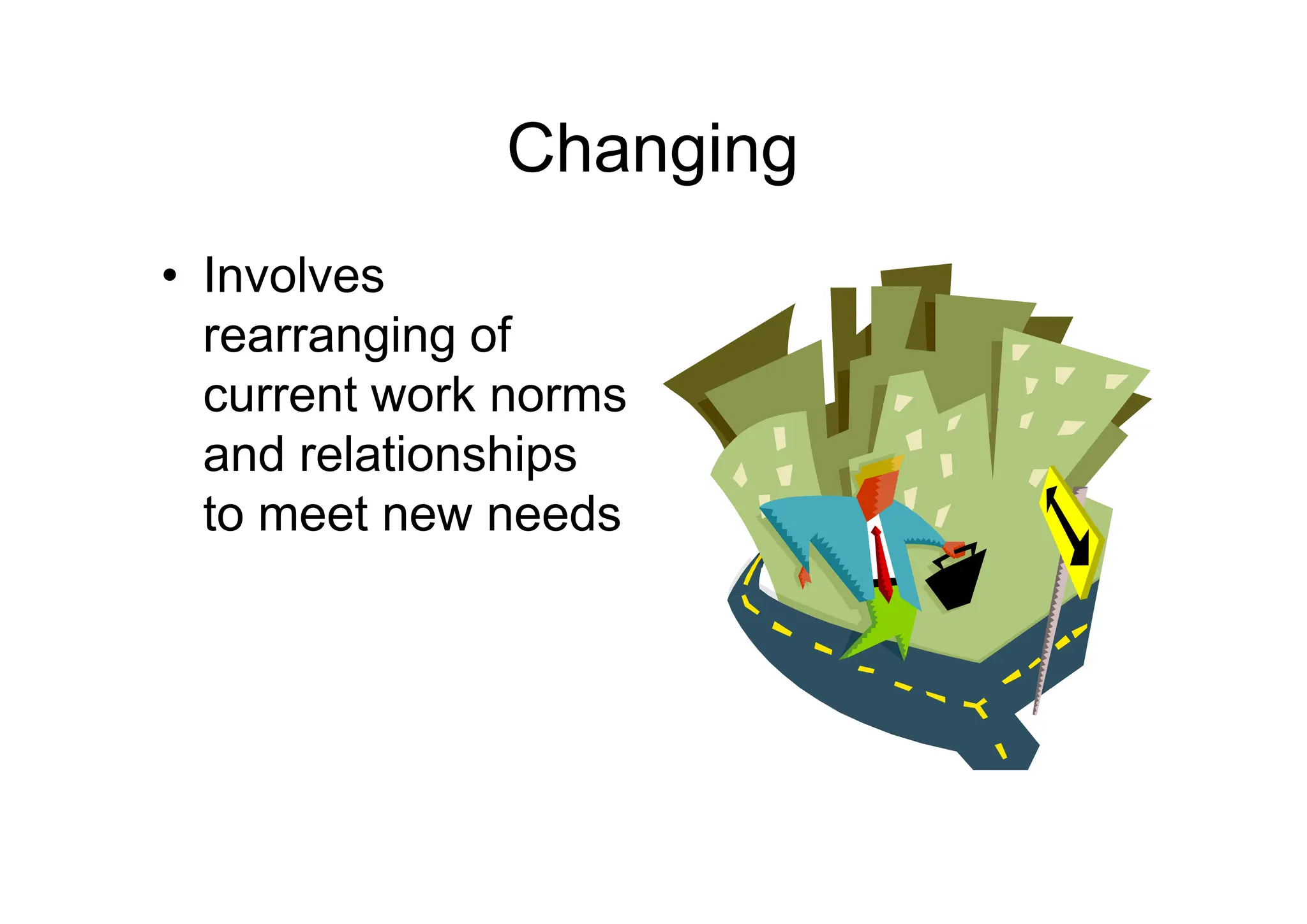 Changing
• Involves
rearranging of
current work norms
and relationships
and relationships
to meet new needs
 