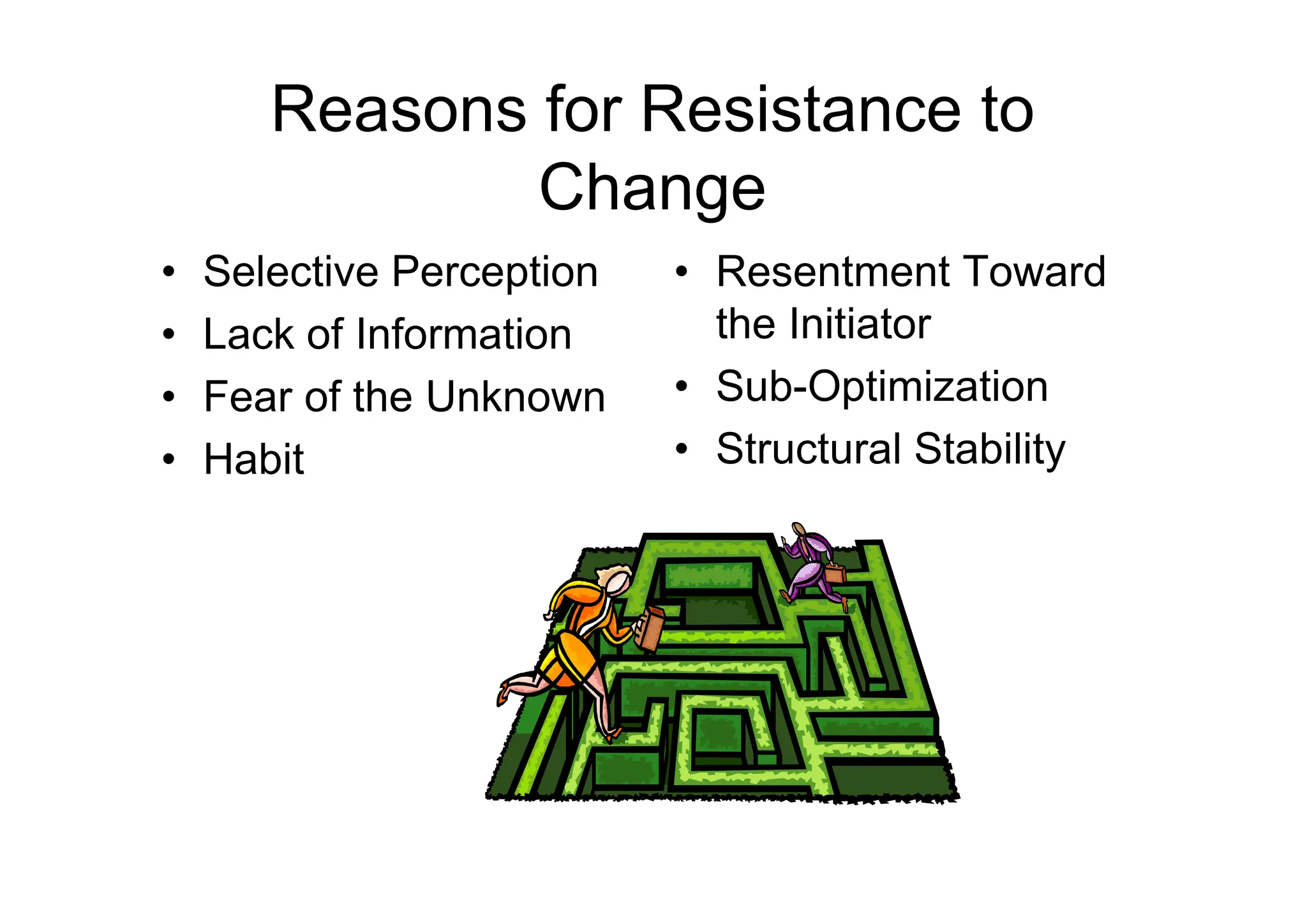 Reasons for Resistance to
Change
• Selective Perception
• Lack of Information
• Fear of the Unknown
• Habit
• Resentment Toward
the Initiator
• Sub-Optimization
• Structural Stability
• Habit • Structural Stability
 
