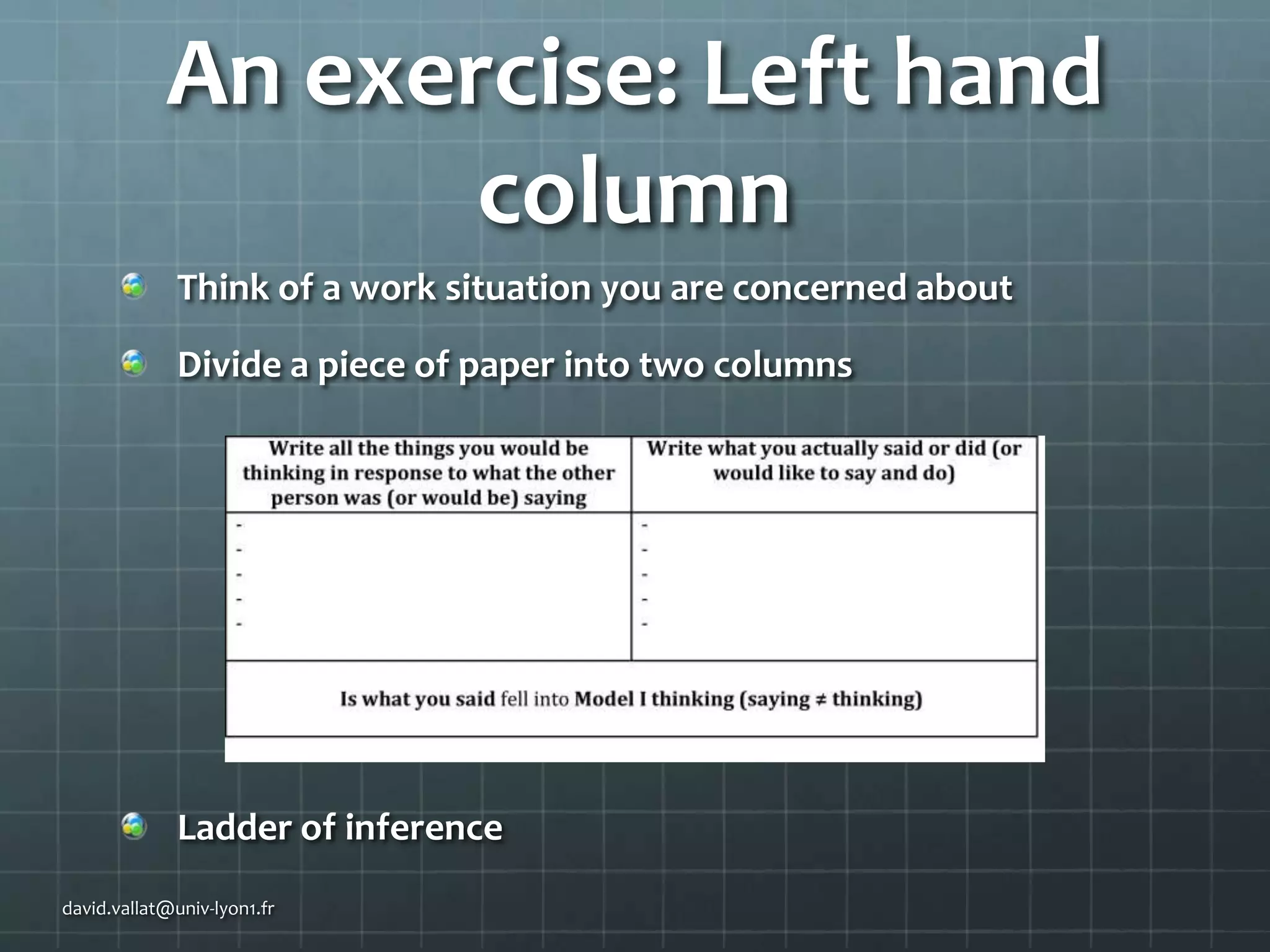 An exercise: Left hand
column
Think of a work situation you are concerned about
Divide a piece of paper into two columns

Ladder of inference
david.vallat@univ-lyon1.fr

 