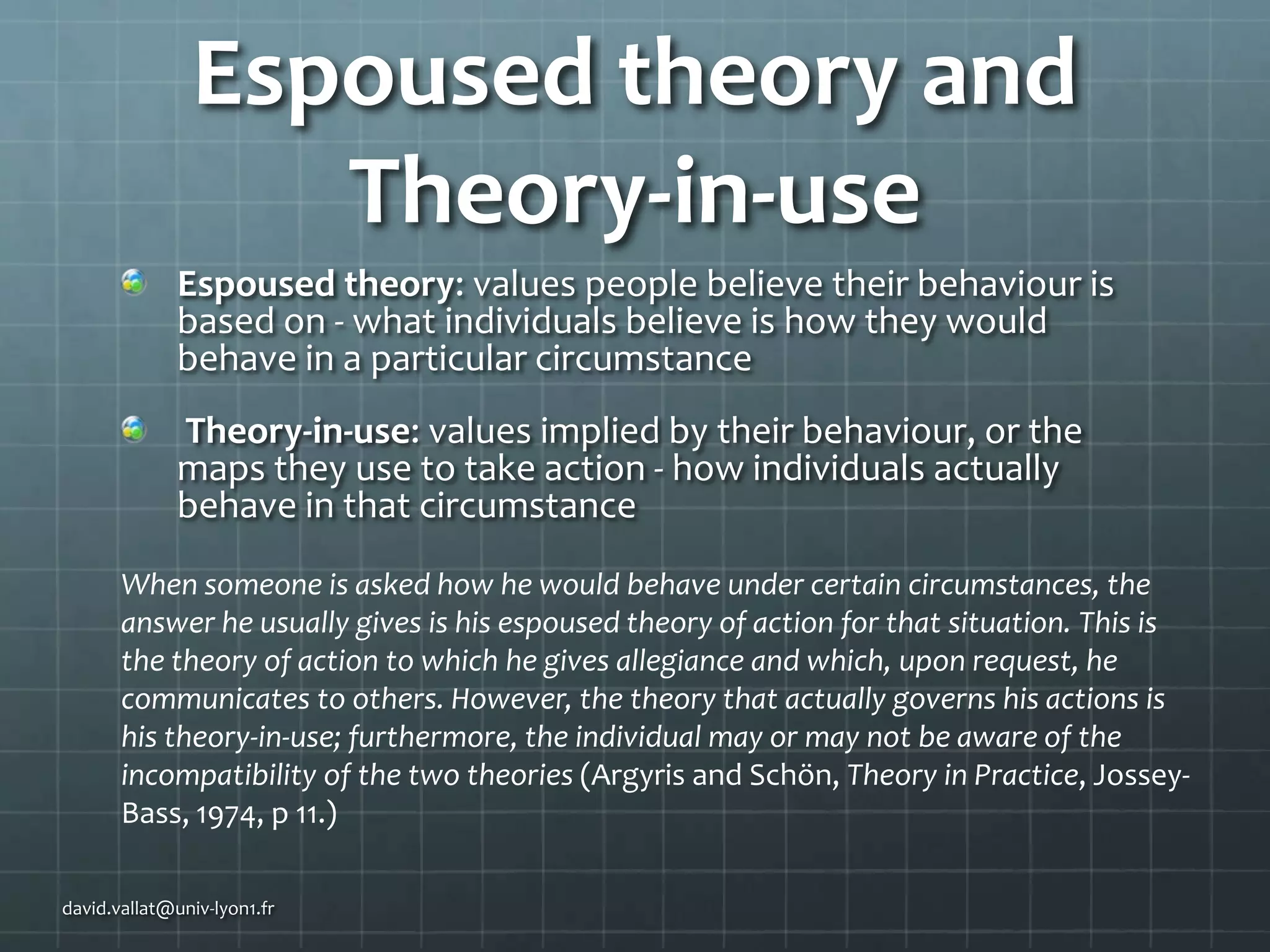 Espoused theory and
Theory-in-use
Espoused theory: values people believe their behaviour is
based on - what individuals believe is how they would
behave in a particular circumstance
Theory-in-use: values implied by their behaviour, or the
maps they use to take action - how individuals actually
behave in that circumstance
When someone is asked how he would behave under certain circumstances, the
answer he usually gives is his espoused theory of action for that situation. This is
the theory of action to which he gives allegiance and which, upon request, he
communicates to others. However, the theory that actually governs his actions is
his theory-in-use; furthermore, the individual may or may not be aware of the
incompatibility of the two theories (Argyris and Schön, Theory in Practice, JosseyBass, 1974, p 11.)
david.vallat@univ-lyon1.fr

 