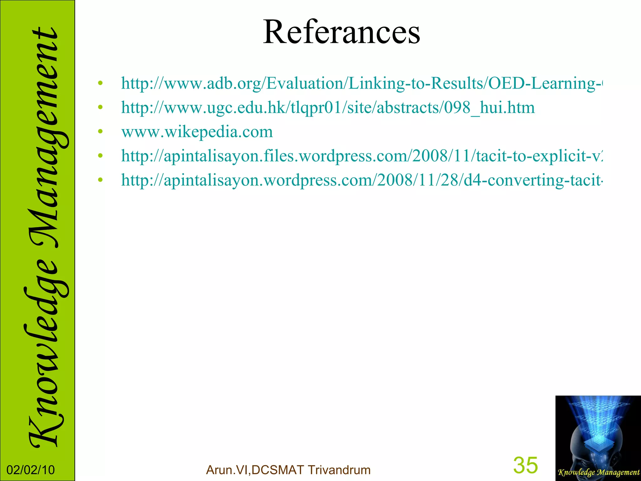 Referances http://www.adb.org/Evaluation/Linking-to-Results/OED-Learning-Cycle.asp http://www.ugc.edu.hk/tlqpr01/site/abstracts/098_hui.htm   www.wikepedia.com http://apintalisayon.files.wordpress.com/2008/11/tacit-to-explicit-v2.jpg http://apintalisayon.wordpress.com/2008/11/28/d4-converting-tacit-to-explicit-knowledge-and-vice-versa/ 