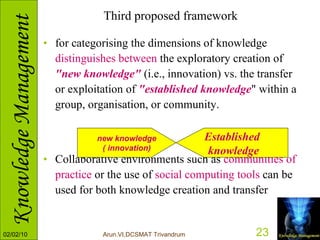 Third proposed framework for categorising the dimensions of knowledge  distinguishes between  the exploratory creation of  "new knowledge"  (i.e., innovation) vs. the transfer or exploitation of  "established knowledge " within a group, organisation, or community. Collaborative environments such as  communities of practice  or the use of  social computing tools  can be used for both knowledge creation and transfer new knowledge ( innovation) Established knowledge 