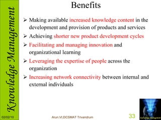 Benefits Making available  increased knowledge content  in the development and provision of products and services  Achieving  shorter new product development cycles   Facilitating and managing innovation  and organizational learning  Leveraging the expertise of people  across the organization  Increasing network connectivity  between internal and external individuals  