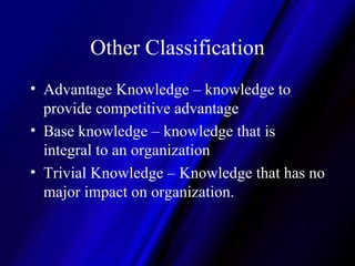 Other Classification Advantage Knowledge – knowledge to provide competitive advantage Base knowledge – knowledge that is integral to an organization Trivial Knowledge – Knowledge that has no major impact on organization.  