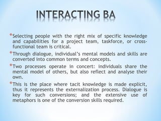 *Selecting people with the right mix of specific knowledge
and capabilities for a project team, taskforce, or cross-
functional team is critical.
*Through dialogue, individual’s mental models and skills are
converted into common terms and concepts.
*Two processes operate in concert: individuals share the
mental model of others, but also reflect and analyse their
own.
*This is the place where tacit knowledge is made explicit,
thus it represents the externalization process. Dialogue is
key for such conversions; and the extensive use of
metaphors is one of the conversion skills required.
 