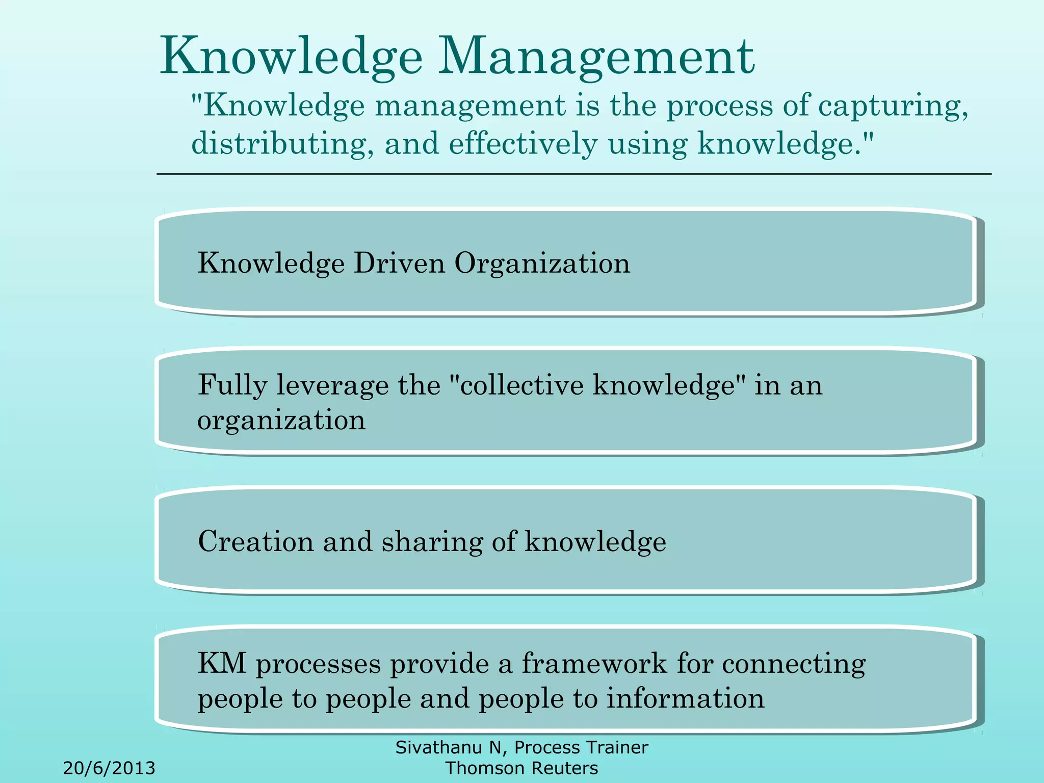 Knowledge Management 
"Knowledge management is the process of capturing, 
distributing, and effectively using knowledge." 
Knowledge Knowledge DDrriivveenn O Orrggaanniizzaattiioonn 
Fully leverage the "collective knowledge" in an 
organization 
Fully leverage the "collective knowledge" in an 
organization 
CCrreeaattiioonn a anndd s shhaarriinngg o off k knnoowwlleeddggee 
KM processes provide a framework for connecting 
people to people and people to information 
KM processes provide a framework for connecting 
people to people and people to information 
20/6/2013 
Sivathanu N, Process Trainer 
Thomson Reuters 
 