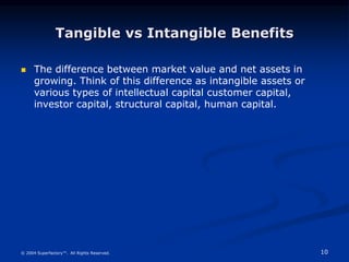 10
© 2004 Superfactory™. All Rights Reserved.
Tangible vs Intangible Benefits
 The difference between market value and net assets in
growing. Think of this difference as intangible assets or
various types of intellectual capital customer capital,
investor capital, structural capital, human capital.
 