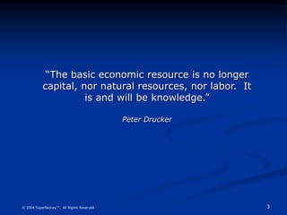 3
© 2004 Superfactory™. All Rights Reserved.
“The basic economic resource is no longer
capital, nor natural resources, nor labor. It
is and will be knowledge.”
Peter Drucker
 