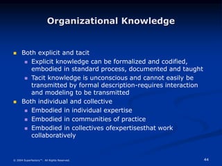 44
© 2004 Superfactory™. All Rights Reserved.
Organizational Knowledge
 Both explicit and tacit
 Explicit knowledge can be formalized and codified,
embodied in standard process, documented and taught
 Tacit knowledge is unconscious and cannot easily be
transmitted by formal description-requires interaction
and modeling to be transmitted
 Both individual and collective
 Embodied in individual expertise
 Embodied in communities of practice
 Embodied in collectives ofexpertisesthat work
collaboratively
 