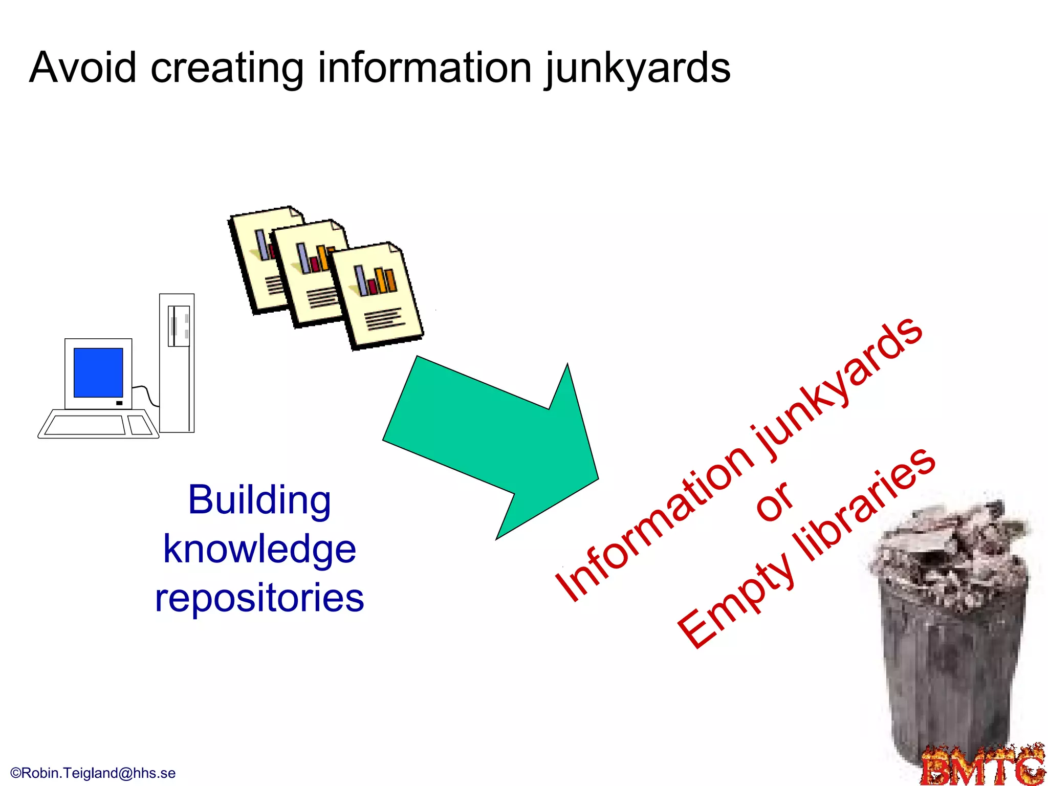 Avoid creating information junkyards




                                                             r ds
                                                      k ya
                                                 jun
                                              on r
                                            ti o             ies
                     Building             a               ar
                    knowledge        or
                                        m            libr
                   repositories   Inf           p ty
                                           Em

©Robin.Teigland@hhs.se                                              16
 