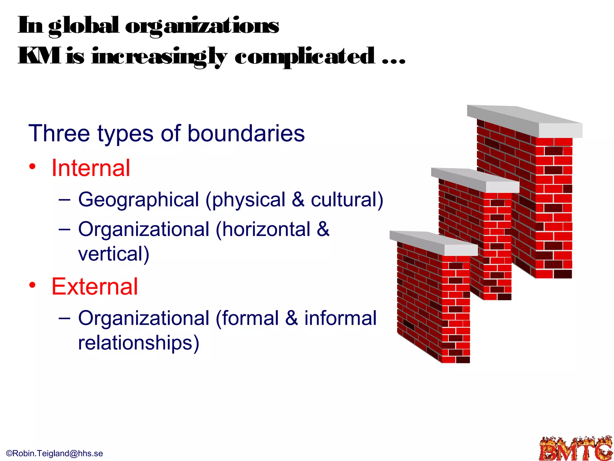 In global organizations
  KM is increasingly complicated …


    Three types of boundaries
    • Internal
           – Geographical (physical & cultural)
           – Organizational (horizontal &
             vertical)
    • External
           – Organizational (formal & informal
             relationships)




©Robin.Teigland@hhs.se
 