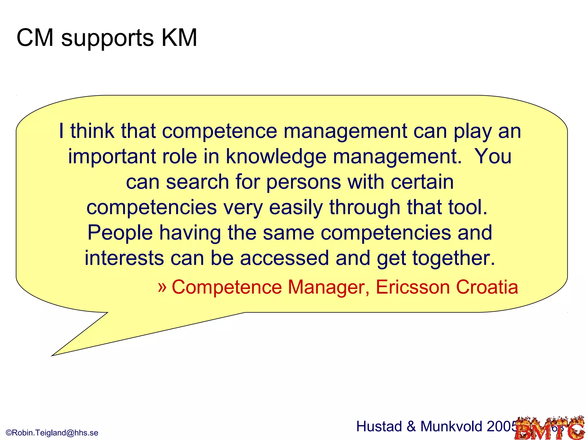 CM supports KM


            I think that competence management can play an
              important role in knowledge management. You
                     can search for persons with certain
                competencies very easily through that tool.
                 People having the same competencies and
                interests can be accessed and get together.
                         » Competence Manager, Ericsson Croatia




©Robin.Teigland@hhs.se
                                             Hustad & Munkvold 2005   68
 