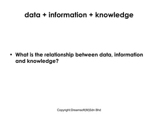 data + information + knowledge What is the relationship between data, information and knowledge? 