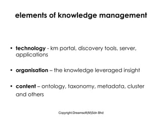 elements of knowledge management technology  - km portal, discovery tools, server, applications  organisation  – the knowledge leveraged insight content  – ontology, taxonomy, metadata, cluster and others   