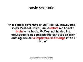 basic scenario “ In a classic adventure of Star Trek, Dr. McCoy (the ship's Medical Officer) must  restore  Mr. Spock's  brain  to his body. McCoy, not having the knowledge to accomplish this task uses an alien learning device  to impart the knowledge  into his brain” 