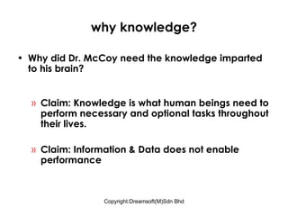 why knowledge? Why did Dr. McCoy need the knowledge imparted to his brain? Claim: Knowledge is what human beings need to perform necessary and optional tasks throughout their lives. Claim: Information & Data does not enable performance 