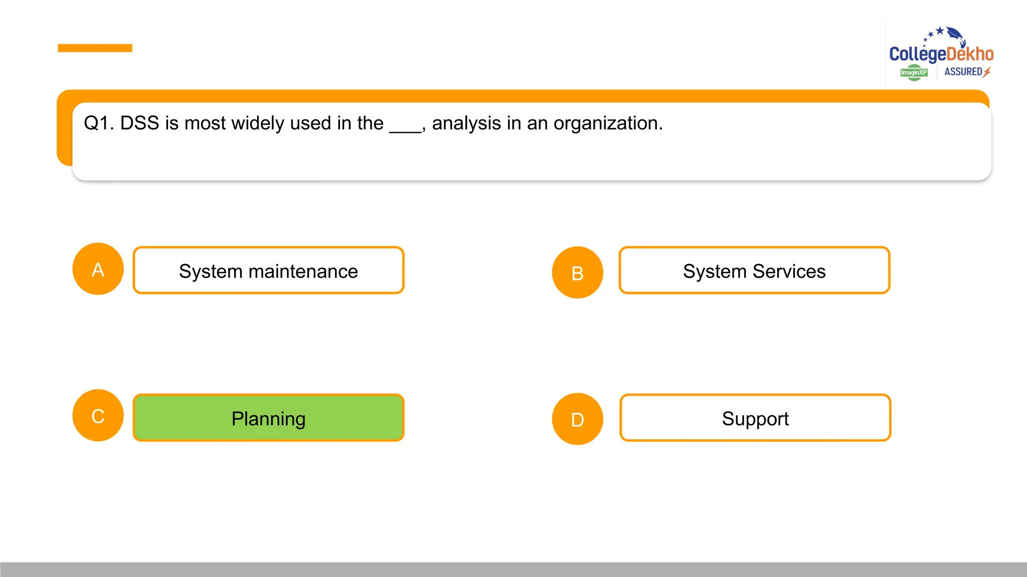 Q1. DSS is most widely used in the ___, analysis in an organization.
A B
C D
System maintenance
Planning
System Services
Support
 