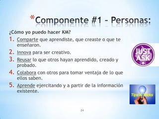 *
¿Cómo yo puedo hacer KM?
1.   Comparte que aprendiste, que creaste o que te
     enseñaron.
2.   Innova para ser creativo.
3.   Reusar lo que otros hayan aprendido, creado y
     probado.
4.   Colabora con otros para tomar ventaja de lo que
     ellos saben.
5.   Aprende ejercitando y a partir de la información
     existente.


                                 24
 