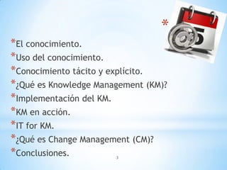 *
*El conocimiento.
*Uso del conocimiento.
*Conocimiento tácito y explícito.
*¿Qué es Knowledge Management (KM)?
*Implementación del KM.
*KM en acción.
*IT for KM.
*¿Qué es Change Management (CM)?
*Conclusiones.         3
 