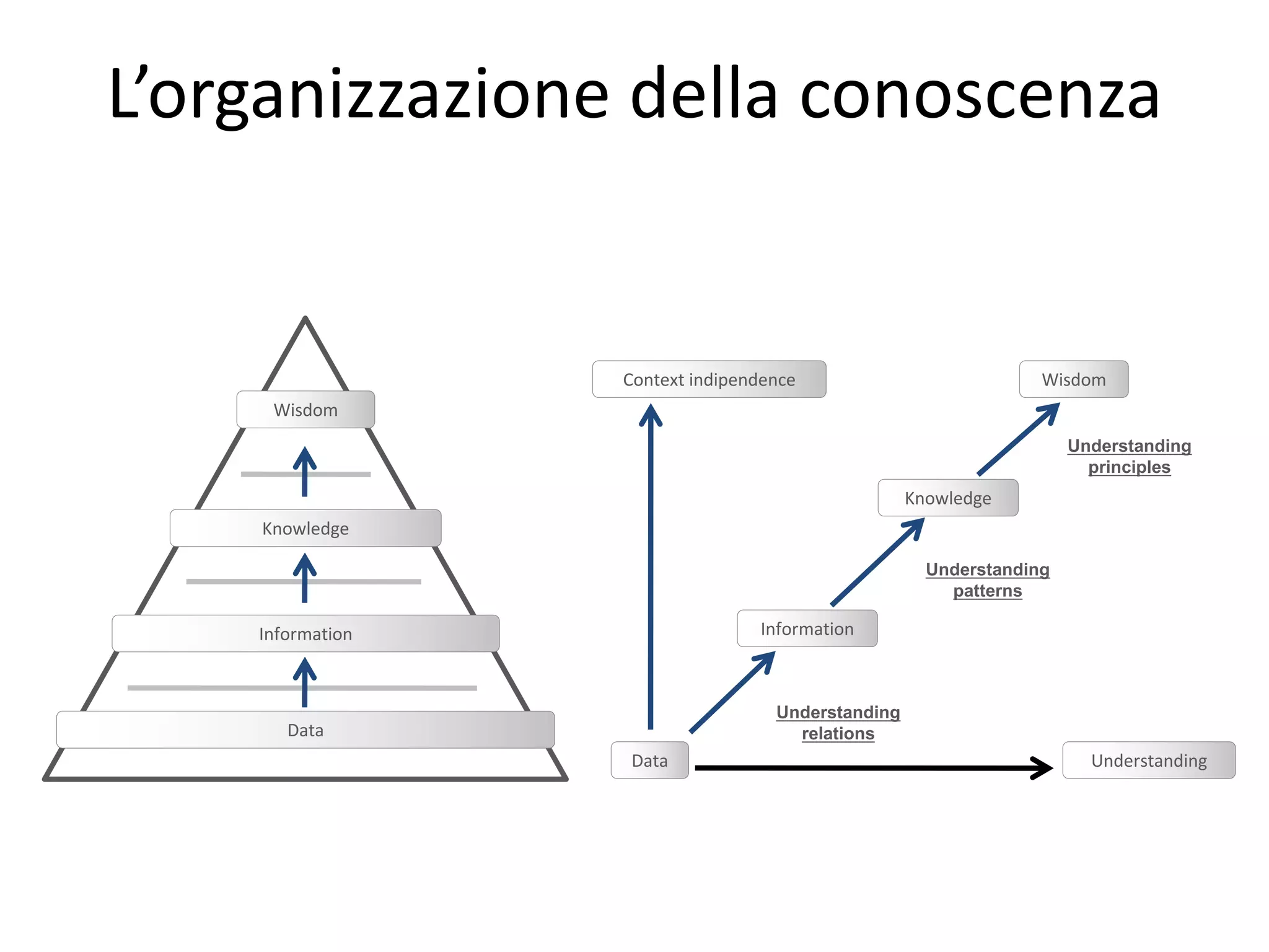 L’organizzazione	della	conoscenza
Data
Information
Knowledge
WisdomContext	indipendence
Understanding
relations
Understanding
patterns
Understanding
principles
Understanding
Wisdom
Knowledge
Information
Data
 