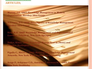 REFERENCES: ARTICLES; Murray, J.E. (2007)  Knowledge Management in Modern Organization.  Hershey: Idea Group.   Schwartz, D.G. (2006)  Encyclopedia of Knowledge Management.  Hershey: Idea Group.   King, W.R. (2009)  Knowledge Management and Organizational Learning (Volume 4).  New York: Springer.   Dalkir, Kimiz. (2005)  Knowledge Management in Theory and Practice.  Burlington: Elsevier.   Figallo C., Rhine N. (2002)  Building the Knowledge Management Networks.  New York: Wiley Technology Publishing.   Senge P., Scharmer C.O., Jaworski J., Flowers B.S. (2004)  Presence . New York: Doubleday . 