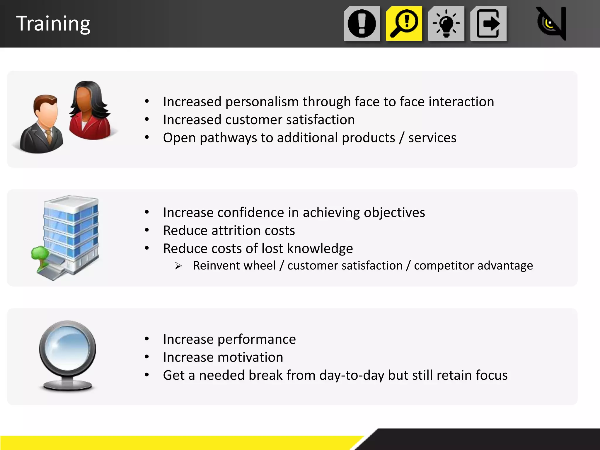 Training
• Increased personalism through face to face interaction
• Increased customer satisfaction
• Open pathways to additional products / services
• Increase confidence in achieving objectives
• Reduce attrition costs
• Reduce costs of lost knowledge
 Reinvent wheel / customer satisfaction / competitor advantage
• Increase performance
• Increase motivation
• Get a needed break from day-to-day but still retain focus
 