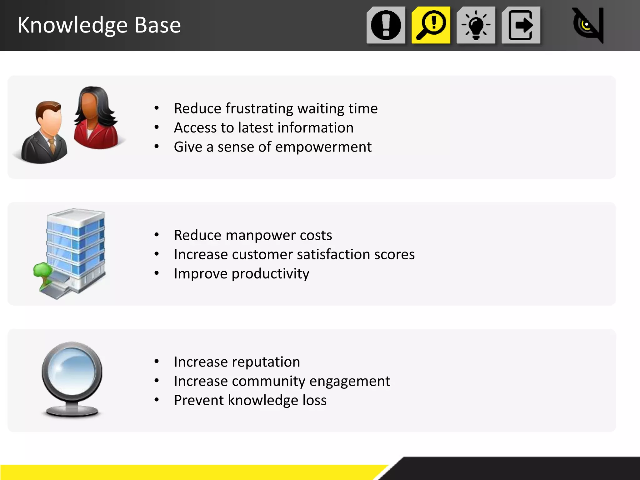 Knowledge Base
• Reduce frustrating waiting time
• Access to latest information
• Give a sense of empowerment
• Reduce manpower costs
• Increase customer satisfaction scores
• Improve productivity
• Increase reputation
• Increase community engagement
• Prevent knowledge loss
 