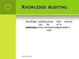 KNOWLEDGE AUDITING
KNOWLEDGE MANAGEMENT
 Knowledge
knowledge
auditing means
can be
used
what amount
of in
organization’s
products, services and processes.
29
 