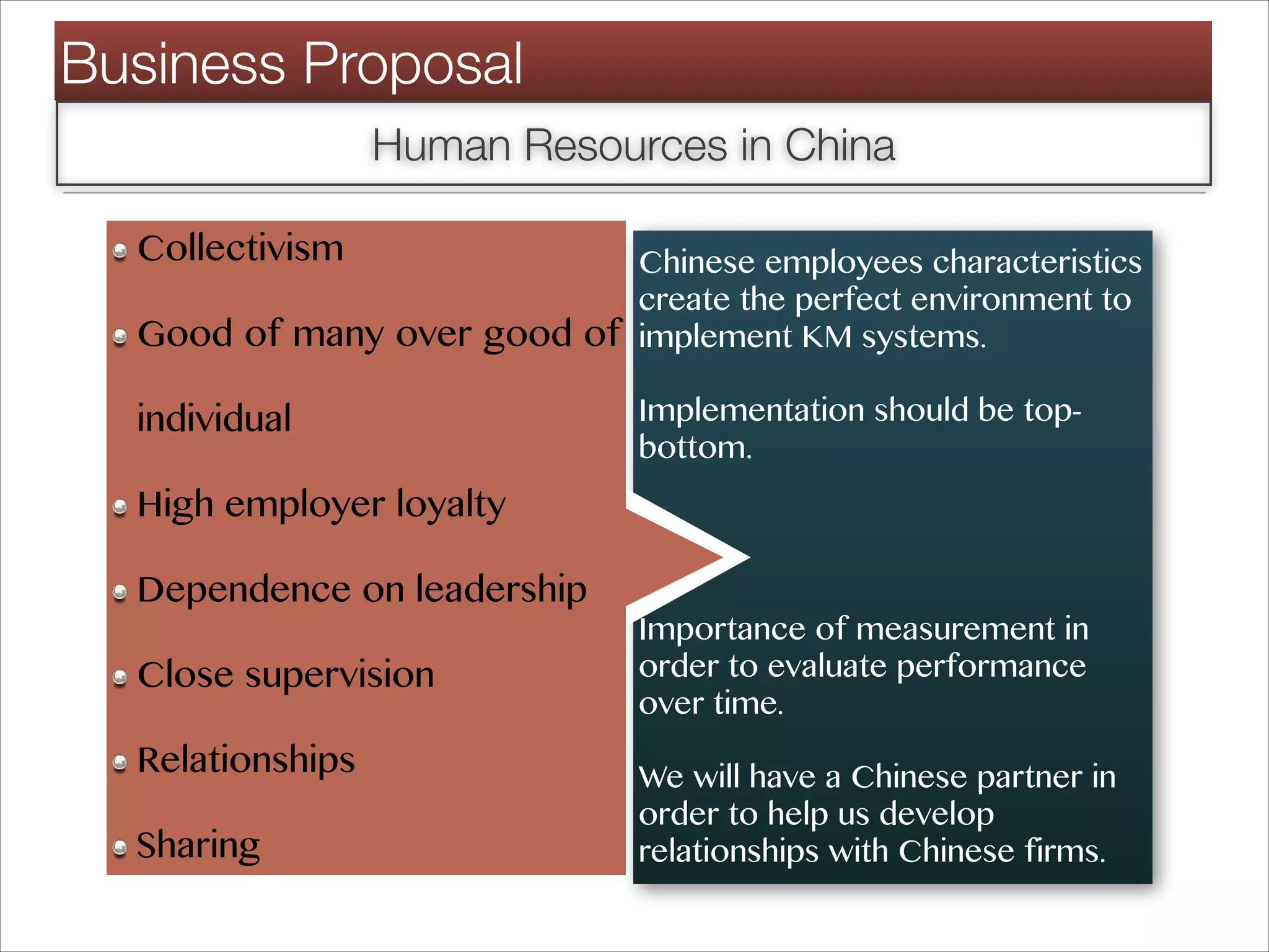Business Proposal
Human Resources in China
Collectivism
Good of many over good of
individual
High employer loyalty
Dependence on leadership
Close supervision
Relationships
Sharing
Chinese employees characteristics
create the perfect environment to
implement KM systems.

Implementation should be top-
bottom.




Importance of measurement in
order to evaluate performance
over time.

We will have a Chinese partner in
order to help us develop
relationships with Chinese firms.
 
