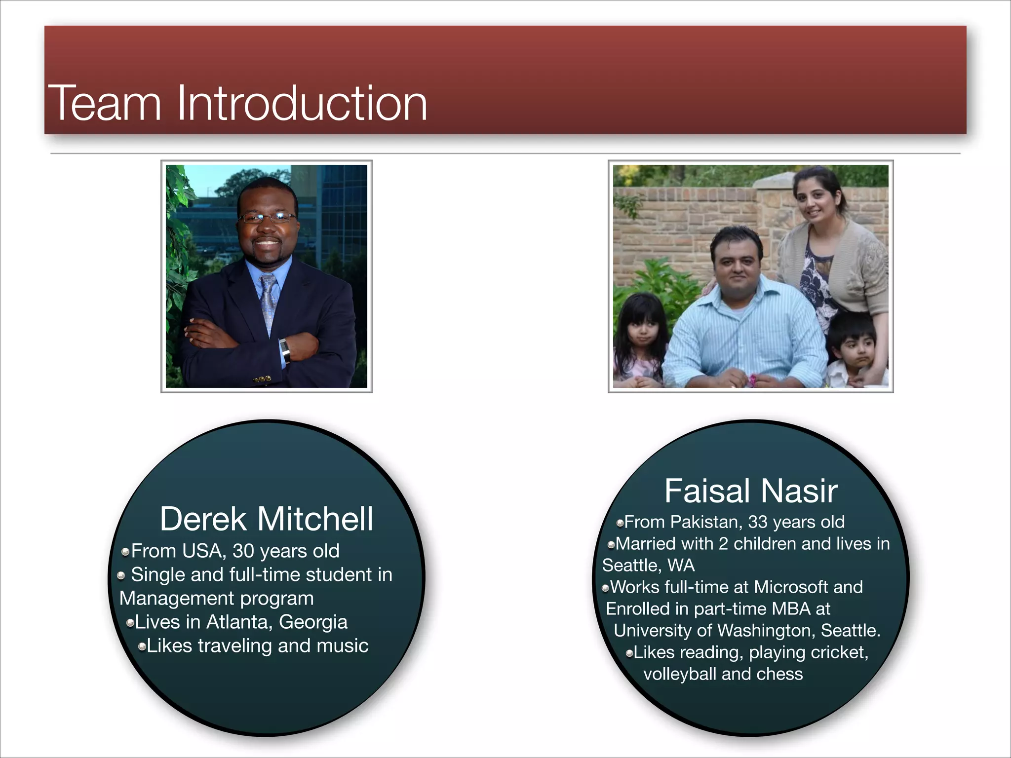 Derek Mitchell

From USA, 30 years old

Single and full-time student in
Management program

Lives in Atlanta, Georgia

Likes traveling and music
Team Introduction
Faisal Nasir

From Pakistan, 33 years old 

Married with 2 children and lives in
Seattle, WA

Works full-time at Microsoft and
Enrolled in part-time MBA at
University of Washington, Seattle.

Likes reading, playing cricket,
volleyball and chess
 