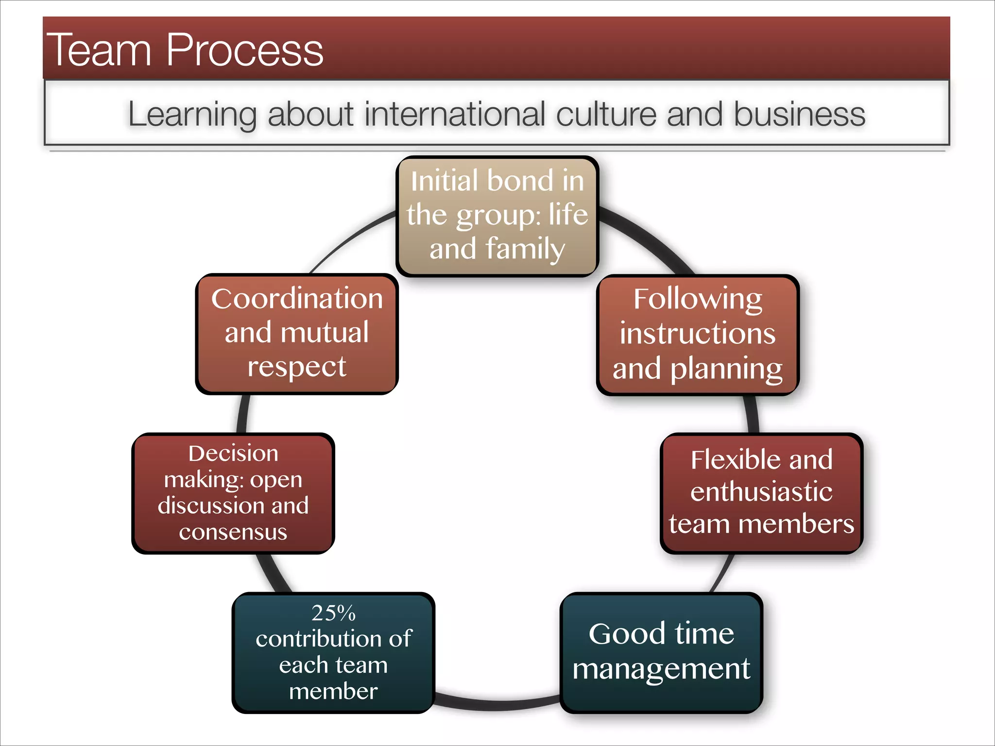 Team Process
Initial bond in
the group: life
and family
Flexible and
enthusiastic
team members
Following
instructions
and planning
Decision
making: open
discussion and
consensus
Coordination
and mutual
respect
25%
contribution of
each team
member
Good time
management
Learning about international culture and business
 