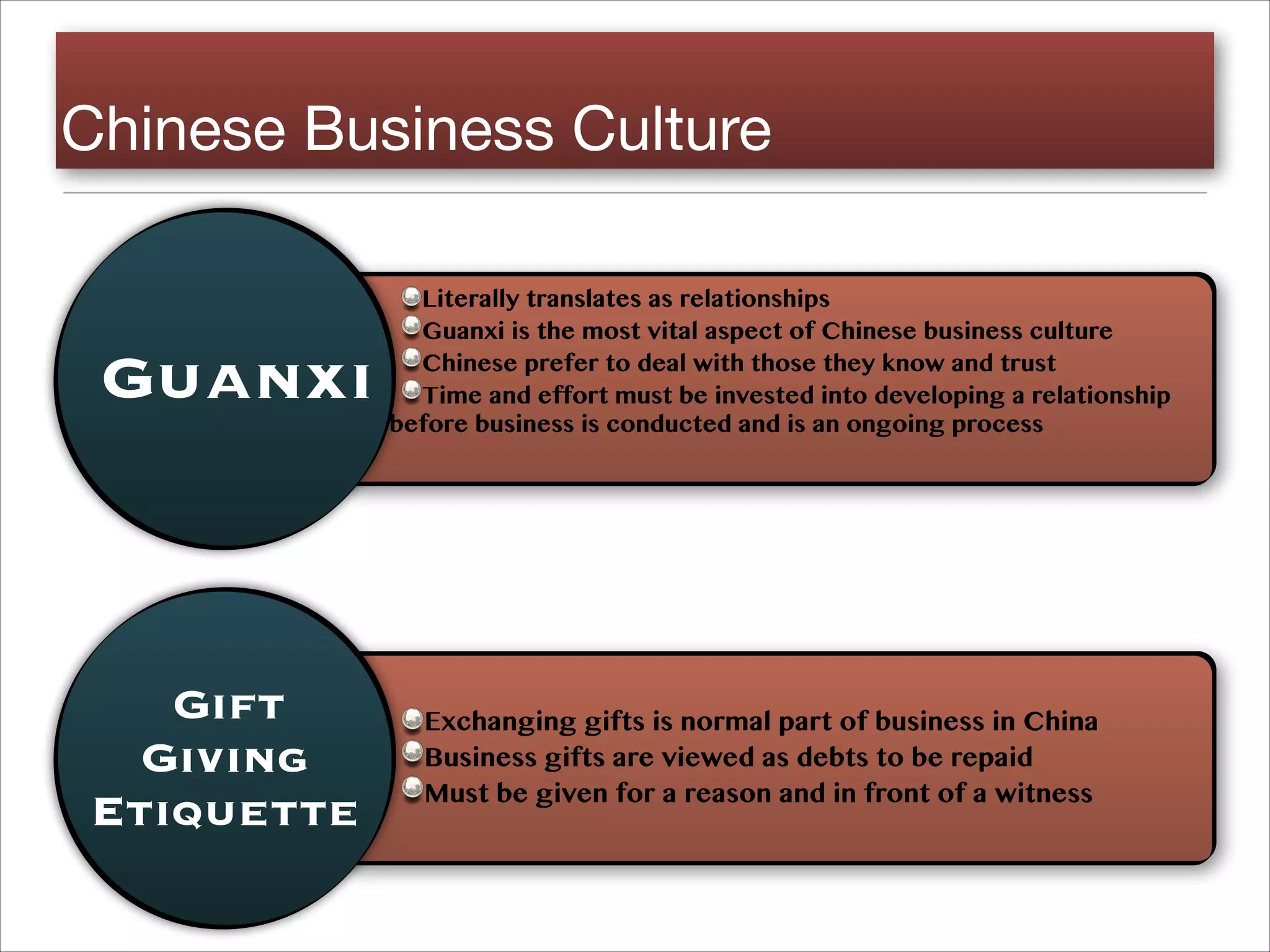 Chinese Business Culture
Literally translates as relationships
Guanxi is the most vital aspect of Chinese business culture
Chinese prefer to deal with those they know and trust
Time and effort must be invested into developing a relationship
before business is conducted and is an ongoing process

Exchanging gifts is normal part of business in China
Business gifts are viewed as debts to be repaid
Must be given for a reason and in front of a witness
Guanxi

Gift
Giving
Etiquette
 
