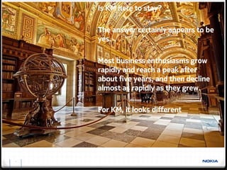 Is KM here to stay?

     The answer certainly appears to be
     yes.

     Most business enthusiasms grow
     rapidly and reach a peak after
     about five years, and then decline
     almost as rapidly as they grew.

     For KM, it looks different




15
 