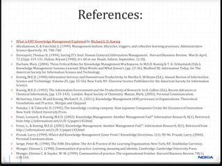 References:
0        What is KM? Knowledge Management Explained by Michael E. D. Koenig
0        Abrahamson, E. & Fairchild, G. (1999). Management fashion: lifecycles, triggers, and collective learning processes. Administrative
         Science Quarterly, 44, 708-740.
0        Davenport, Thomas H. (1994), Saving IT's Soul: Human Centered Information Management. Harvard Business Review, March-April,
         72 (2)pp. 119-131. Duhon, Bryant (1998), It's All in our Heads. Inform, September, 12 (8).
0        Durham, Mary. (2004). Three Critical Roles for Knowledge Management Workspaces. In M.E.D. Koenig & T. K. Srikantaiah (Eds.),
         Knowledge Management: Lessons Learned: What Works and What Doesn't. (pp. 23-36). Medford NJ: Information Today, for The
         American Society for Information Science and Technology.
0        Koenig, M.E.D. (1990) Information Services and Downstream Productivity. In Martha E. Williams (Ed.), Annual Review of Information
         Science and Technology: Volume 25, (pp. 55-56). New York, NY: Elseview Science Publishers for the American Society for Information
         Science.
0        Koenig, M.E.D. (1992). The Information Environment and the Productivity of Research. In H. Collier (Ed.), Recent Advances in
         Chemical Information, (pp. 133-143). London: Royal Society of Chemistry. Mazzie, Mark. (2003). Personal Communication.
0        McInerney, Claire. M and Koenig, Michael E. D., (2011), Knowledge Management (KM) processes in Organizations: Theoretical
         Foundations and Practice , Morgan and Claypool.
0        Nonaka, I. & Takeuchi, H. (1995). The knowledge creating company: How Japanese Companies Create the Dynamics of Innovation.
         New York: Oxford University Press.
0        Ponzi, Leonard., & Koenig, M.E.D. (2002). Knowledge Management: Another Management Fad?" Information Research, 8(1). Retrieved
         from http://informationr.net/ir/8-1/paper145.html
0        Ponzi, L., & Koenig, M.E.D. (2002). Knowledge Management: Another Management Fad?", Information Research, 8(1). Retrieved from
         http://informationr.net/ir/8-1/paper145.html
0        Prusak, Larry. (1999). Where did Knowledge Management Come From?. Knowledge Directions, 1(1), 90-96. Prusak, Larry. (2004).
         Personal Communication.
0        Senge, Peter M.. (1990). The Fifth Discipline: The Art & Practice of the Learning Organization. New York, NY: Doubleday Currency.
0        Wenger, Etienne C. (1998). Communities of practice: Learning, meaning and identity. Cambridge: Cambridge University Press.
0        Wenger, Etienne C. & Snyder, W. M. (1999). Communities of practice: The organizational frontier. Harvard Business Review, 78(1),
    18   139-145.
 